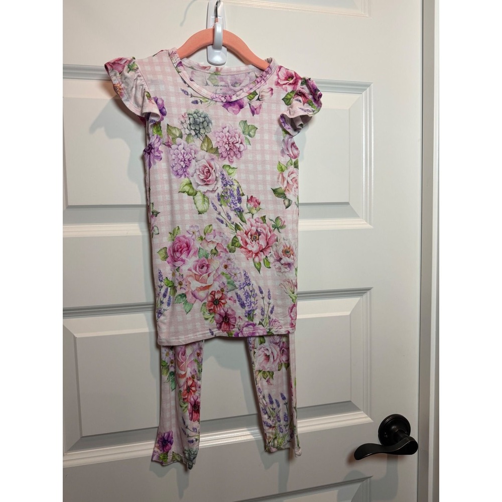 Posh Peanut Girls 5T Floral Gingham Bamboo Flutter Sleeve Pajama Set Pink Purple